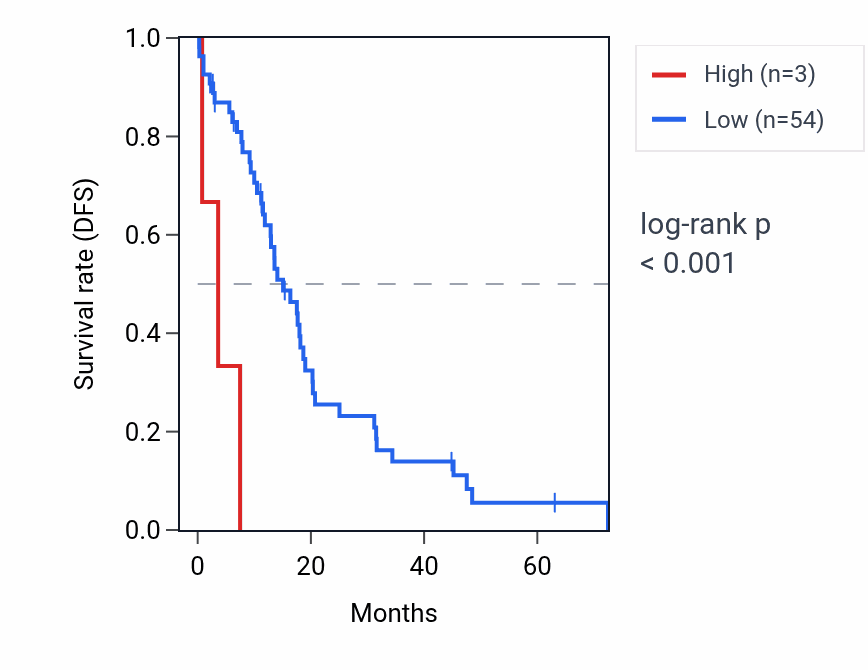 Kaplan&ndash;Meier survival curve for HNRNPA1P31 RNA expression in OV: high vs low expression groups.
