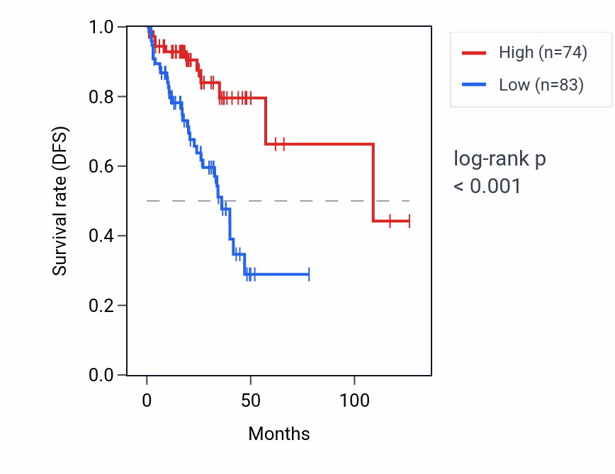 Kaplan&ndash;Meier survival curve for HNRNPA1P40 RNA expression in READ: high vs low expression groups.