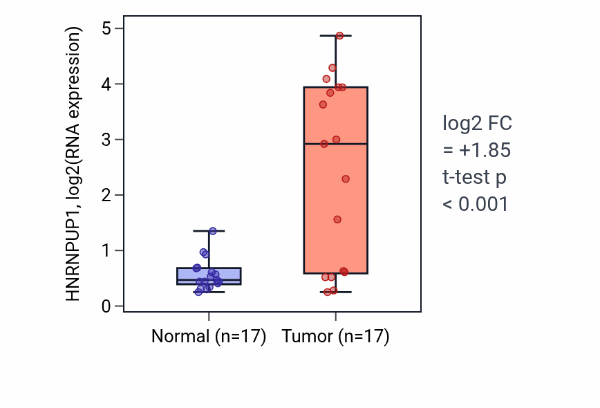 Tumor-vs-normal expression box plot for HNRNPUP1 in COAD.