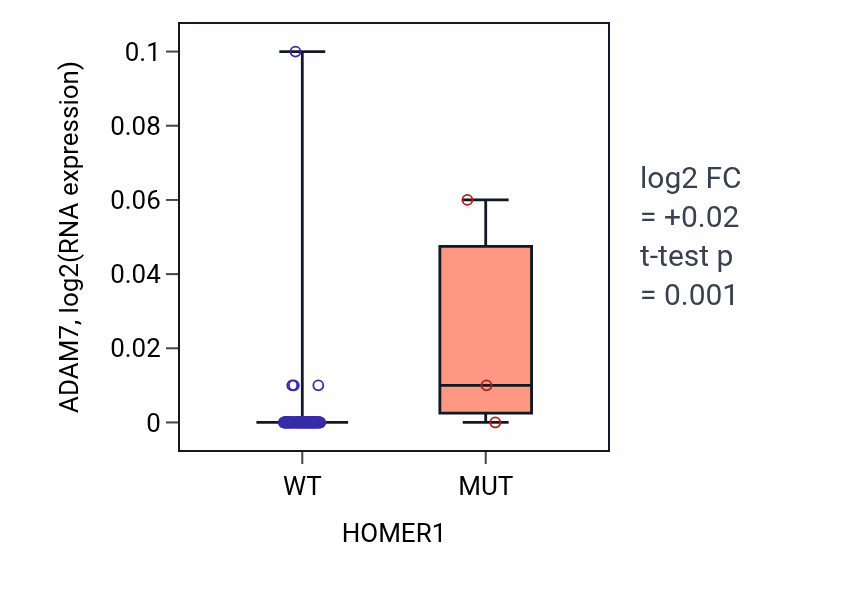 Box plot of ADAM7 in HOMER1-low vs HOMER1-high samples in BLOOD_Leukemia.