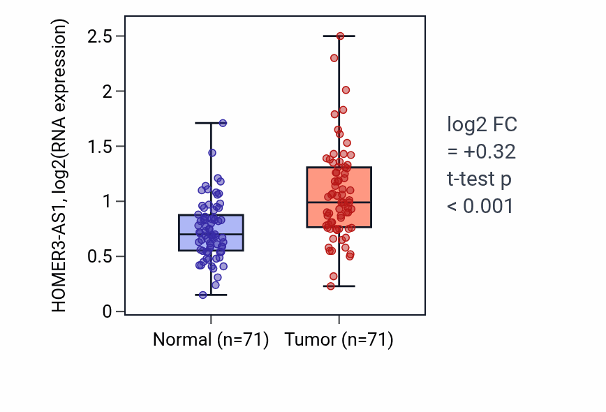 Tumor-vs-normal expression box plot for HOMER3-AS1 RNA in KIRC.