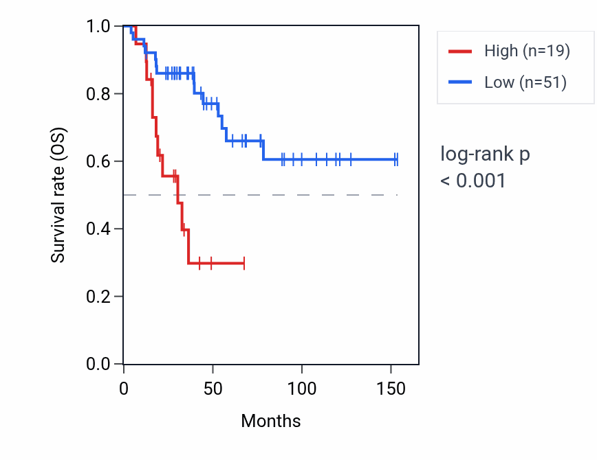 Kaplan&ndash;Meier survival curve for HORMAD2-AS1 RNA expression in ACC: high vs low expression groups.