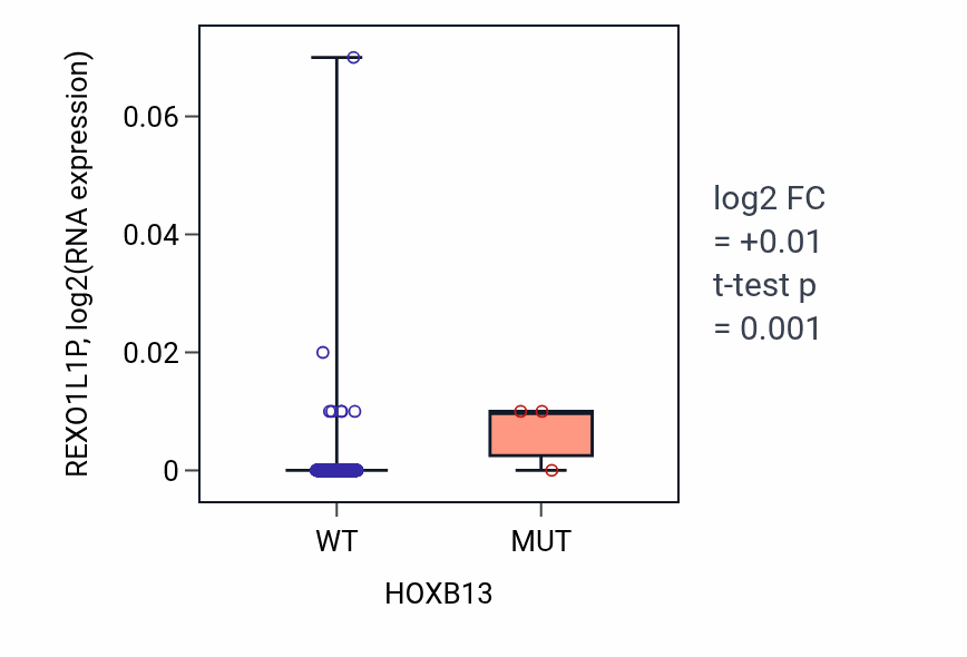 Box plot of REXO1L1P in HOXB13-low vs HOXB13-high samples in PRAD.