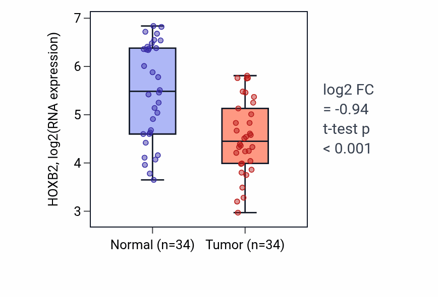 Tumor-vs-normal expression box plot for HOXB2 in KIRC.