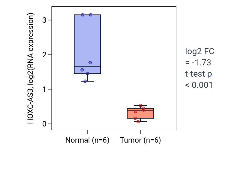 Tumor-vs-normal expression box plot for HOXC-AS3 in KIRC.