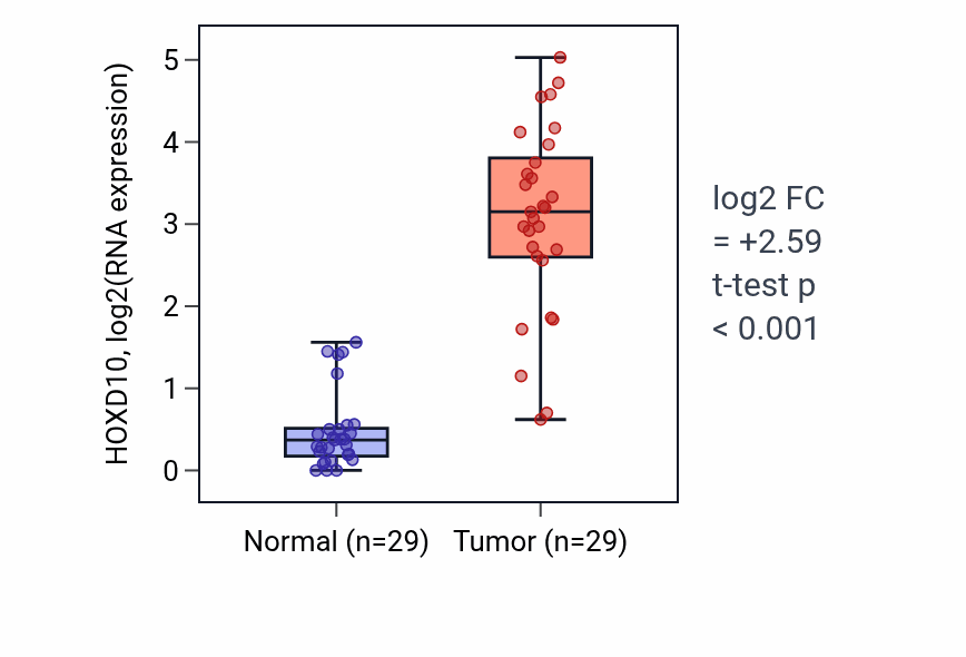Tumor-vs-normal expression box plot for HOXD10 in HNSC.