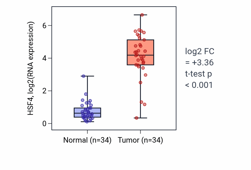 Tumor-vs-normal expression box plot for HSF4 in KIRC.