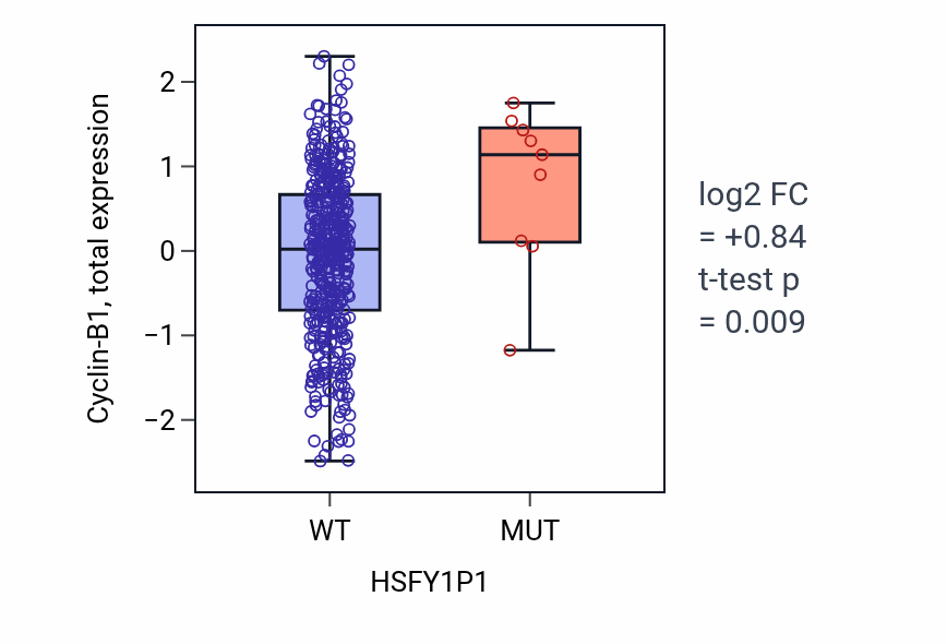 Box plot of Cyclin-B1 in HSFY1P1-low vs HSFY1P1-high samples in UCEC.