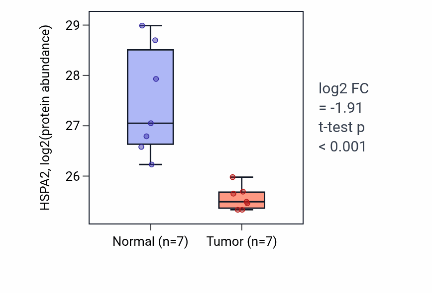 Tumor-vs-normal mass-spec protein box plot for HSPA2 in CCRCC.