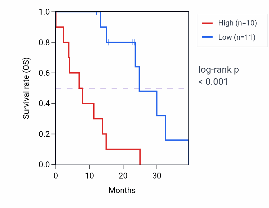 Kaplan&ndash;Meier survival curve for HSPB11 mass-spec protein-high vs -low samples in PDAC.