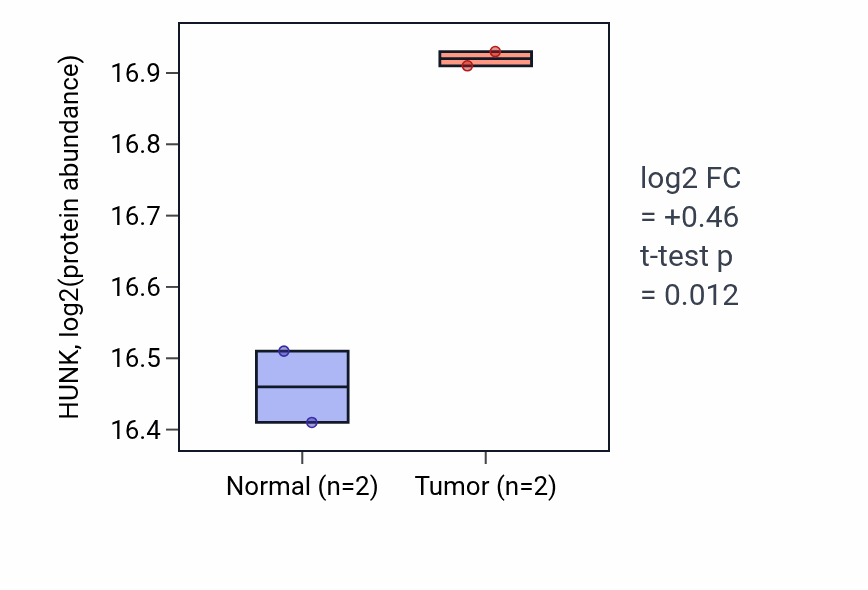 Tumor-vs-normal mass-spec protein box plot for HUNK in HNSC.