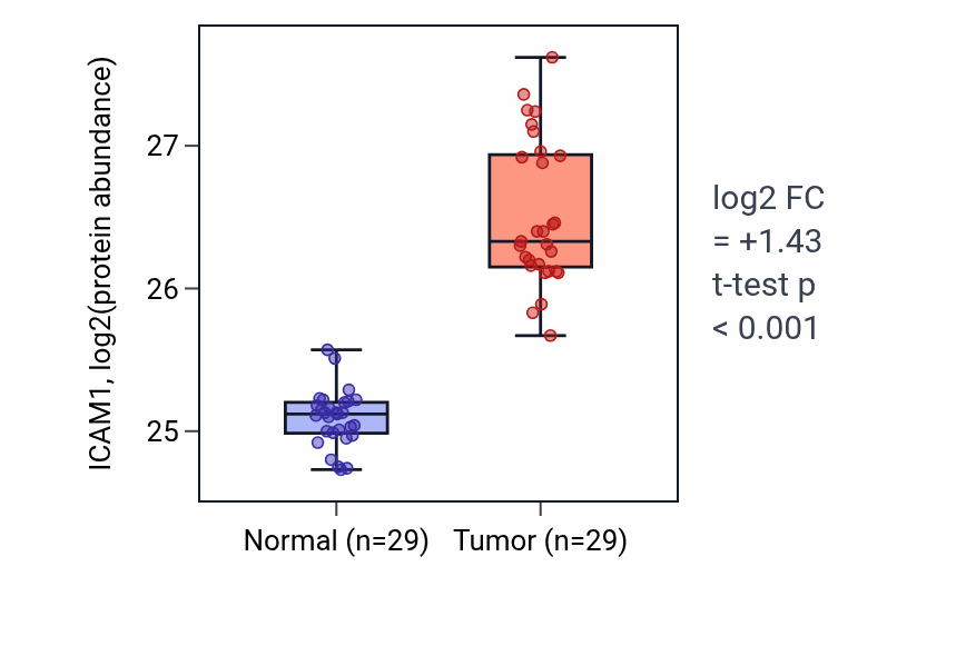 Tumor-vs-normal mass-spec protein box plot for ICAM1 in CCRCC.