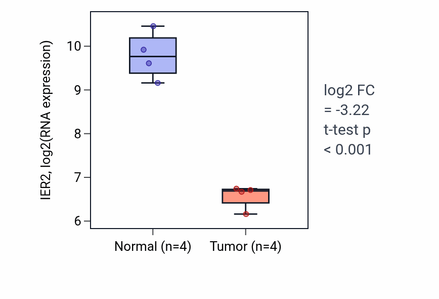 Tumor-vs-normal expression box plot for IER2 in THCA.