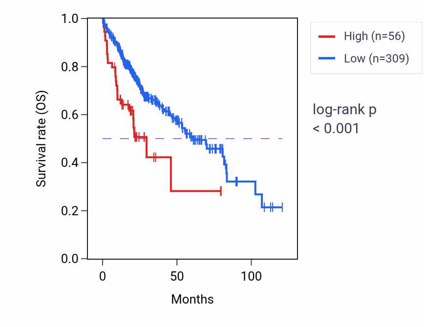 Kaplan&ndash;Meier survival curve for IFNL4 RNA expression in LIHC: high vs low expression groups.