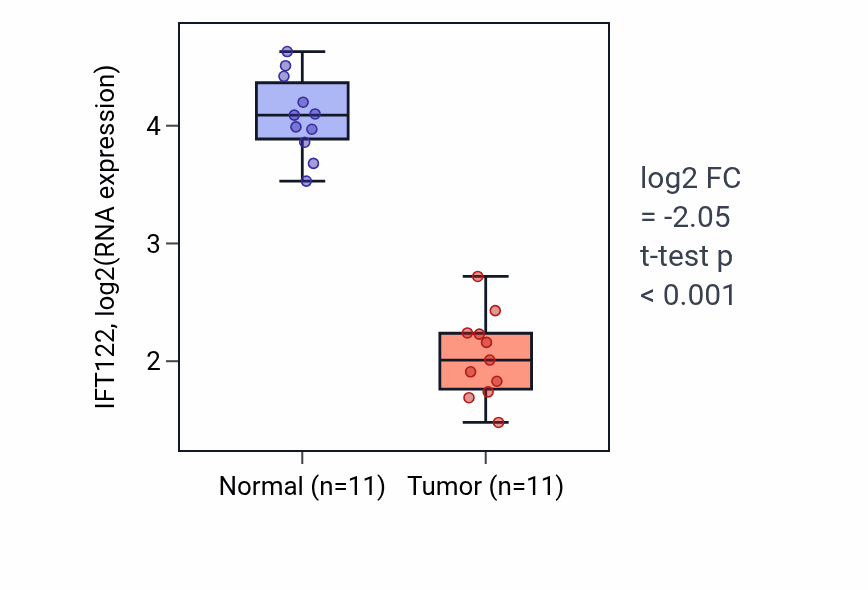 Tumor-vs-normal expression box plot for IFT122 in KICH.