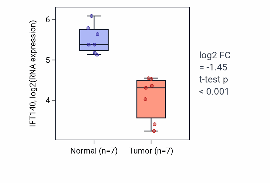 Tumor-vs-normal expression box plot for IFT140 in THCA.