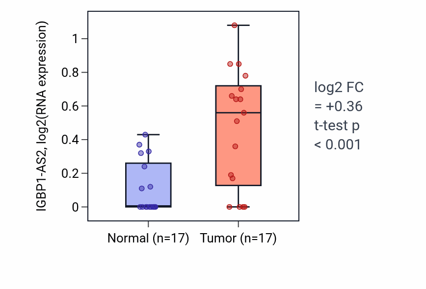 Tumor-vs-normal expression box plot for IGBP1-AS2 in COAD.