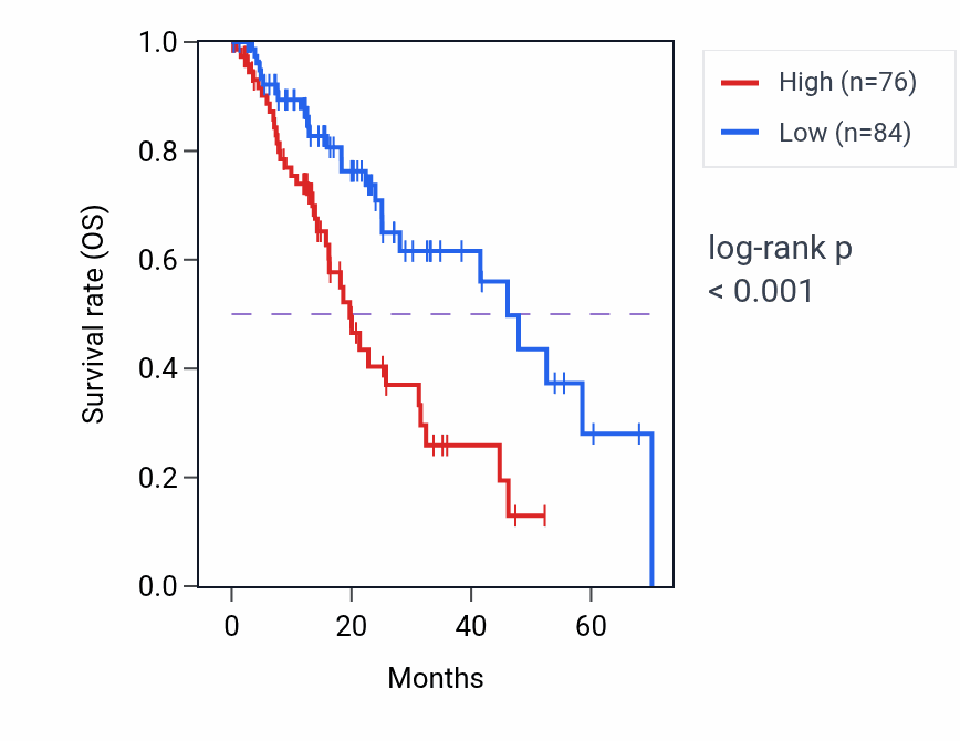 Kaplan&ndash;Meier survival curve for IGBP1P3 RNA expression in ESCA: high vs low expression groups.