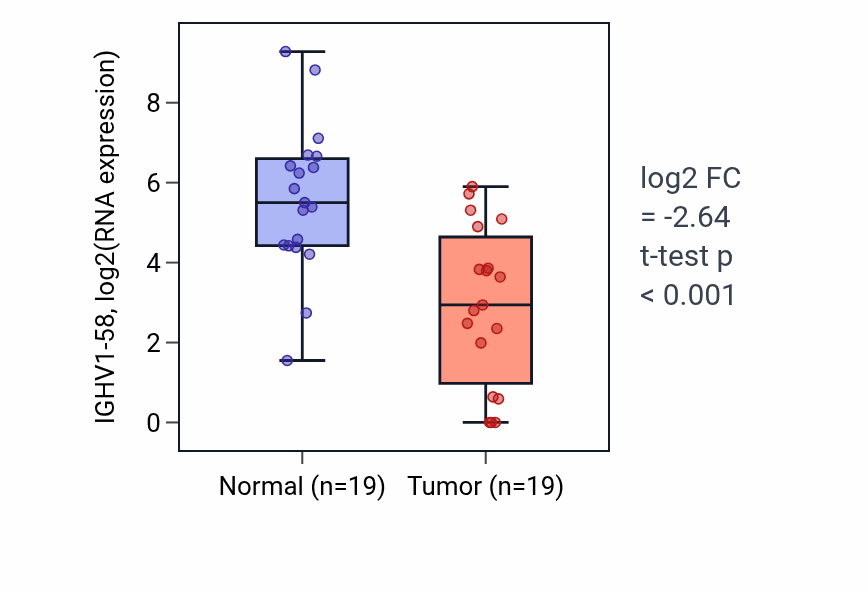 Tumor-vs-normal expression box plot for IGHV1-58 in COAD.