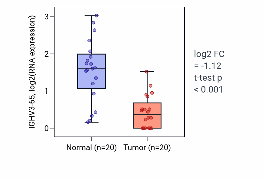 Tumor-vs-normal expression box plot for IGHV3-65 RNA in COAD.