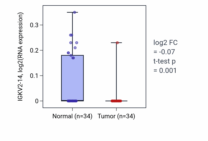 Tumor-vs-normal expression box plot for IGKV2-14 in COAD.