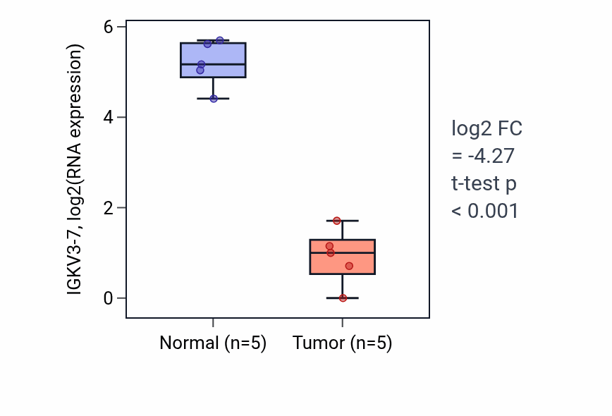 Tumor-vs-normal expression box plot for IGKV3-7 in COAD.