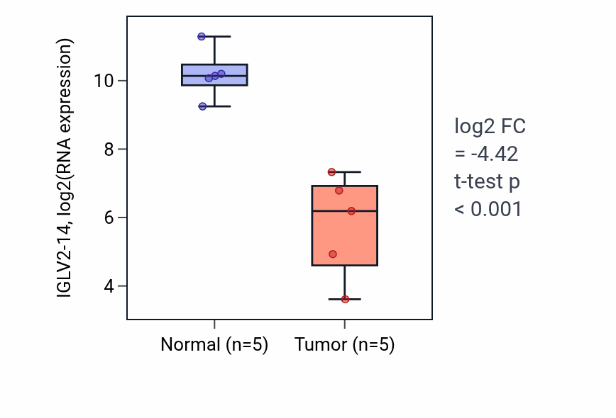 Tumor-vs-normal expression box plot for IGLV2-14 in COAD.