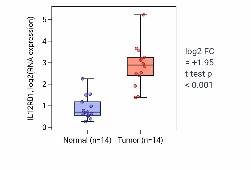 Tumor-vs-normal expression box plot for IL12RB1 in KIRC.