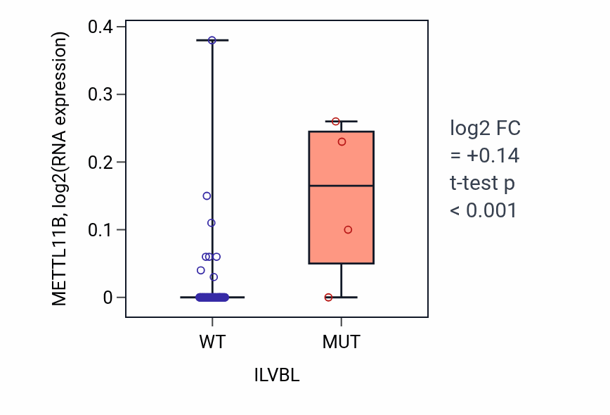 Box plot of METTL11B in ILVBL-low vs ILVBL-high samples in BLOOD_Lymphoma.