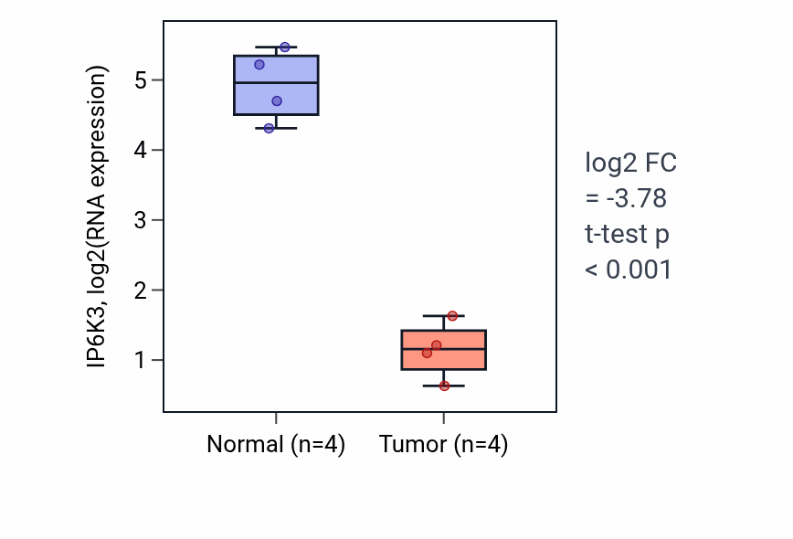 Tumor-vs-normal expression box plot for IP6K3 RNA in THCA.