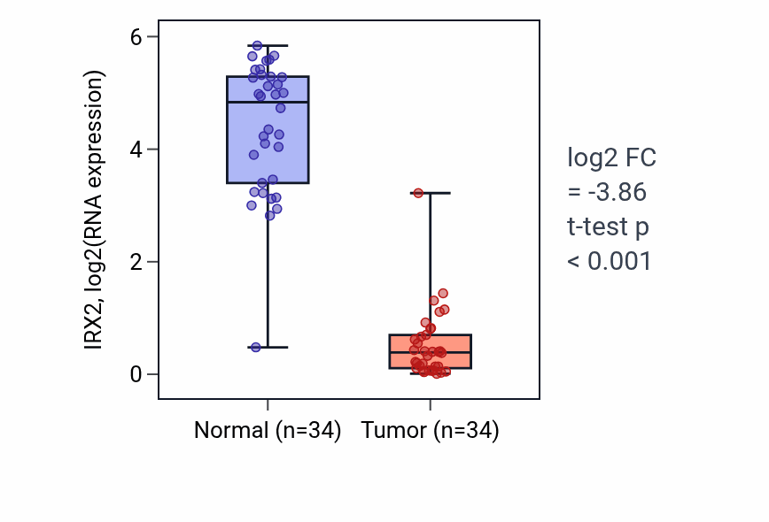 Tumor-vs-normal expression box plot for IRX2 in KIRC.