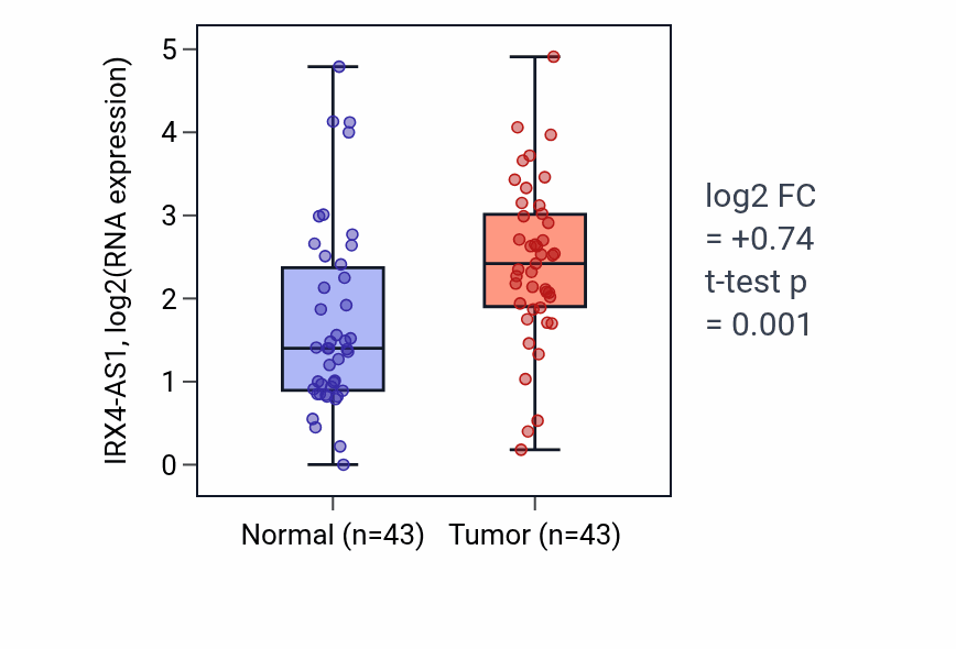 Tumor-vs-normal expression box plot for IRX4-AS1 RNA in HNSC.