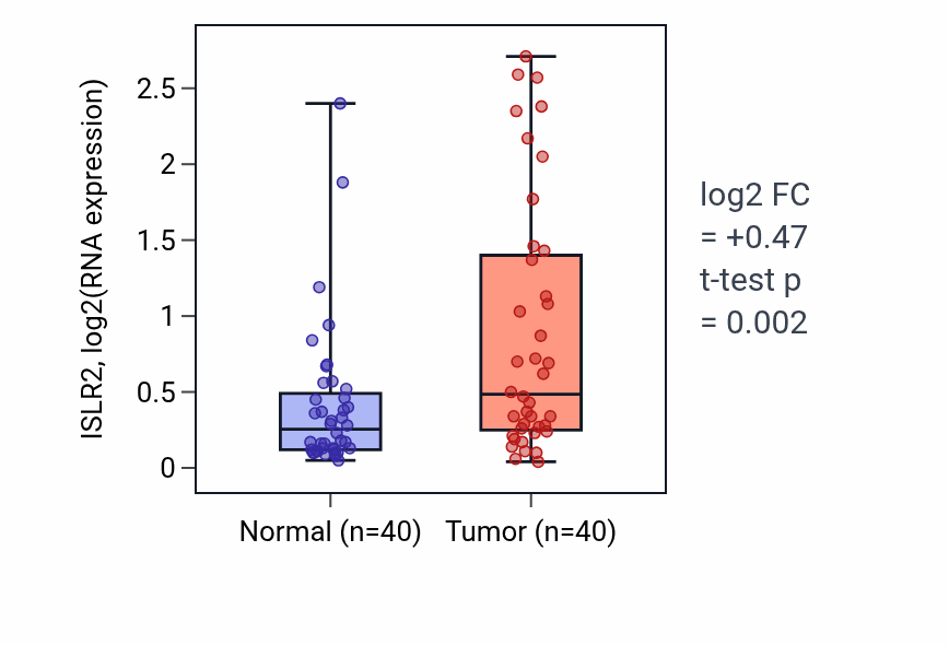 Tumor-vs-normal expression box plot for ISLR2 in HNSC.