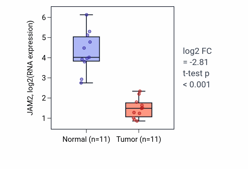 Tumor-vs-normal expression box plot for JAM2 in KICH.