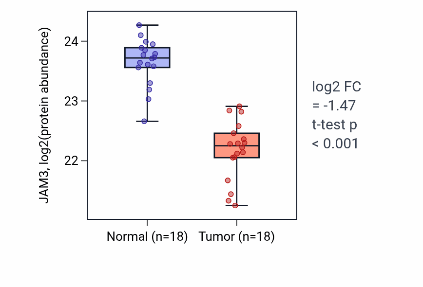 Tumor-vs-normal mass-spec protein box plot for JAM3 in COAD.