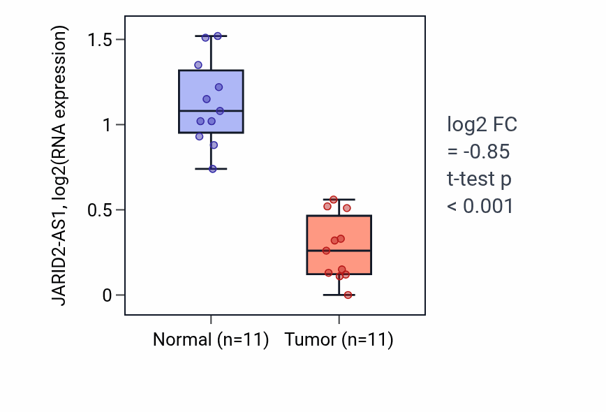 Tumor-vs-normal expression box plot for JARID2-AS1 in KICH.