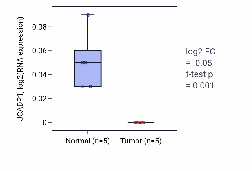 Tumor-vs-normal expression box plot for JCADP1 in COAD.