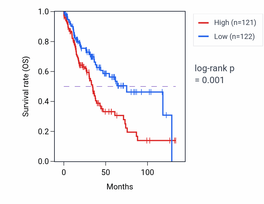Kaplan&ndash;Meier survival curve for JHY RNA-high vs -low samples in LUSC.