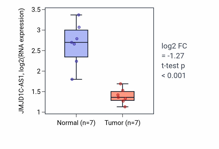 Tumor-vs-normal expression box plot for JMJD1C-AS1 RNA in THCA.