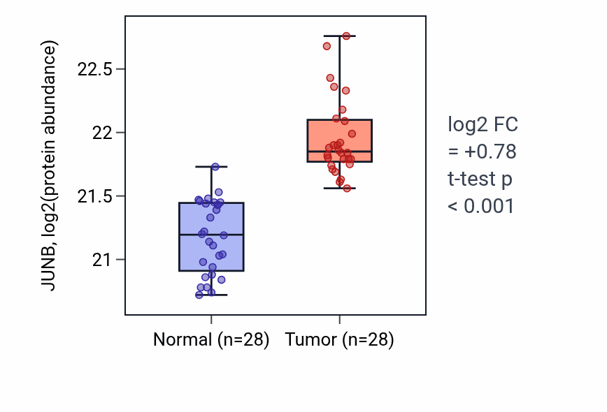 Tumor-vs-normal mass-spec protein box plot for JUNB in COAD.