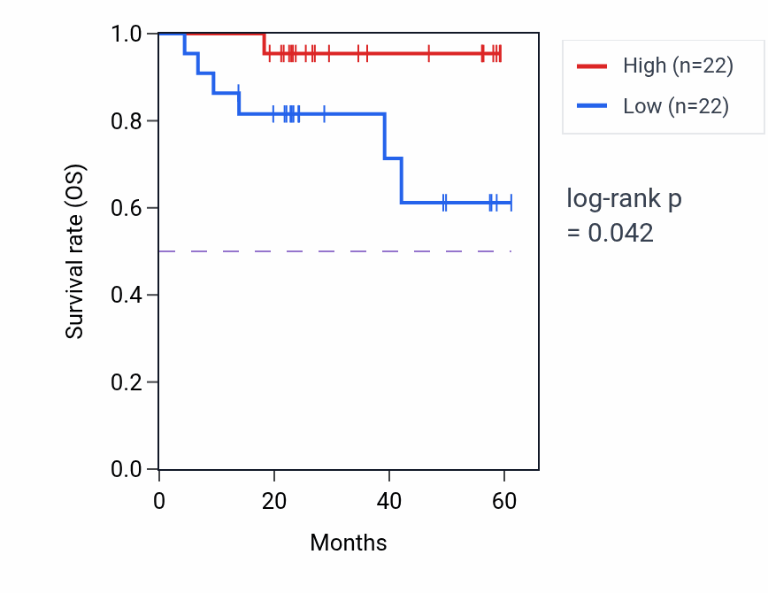 Kaplan&ndash;Meier survival curve for KAT2A mass-spec protein-high vs -low samples in UCEC.