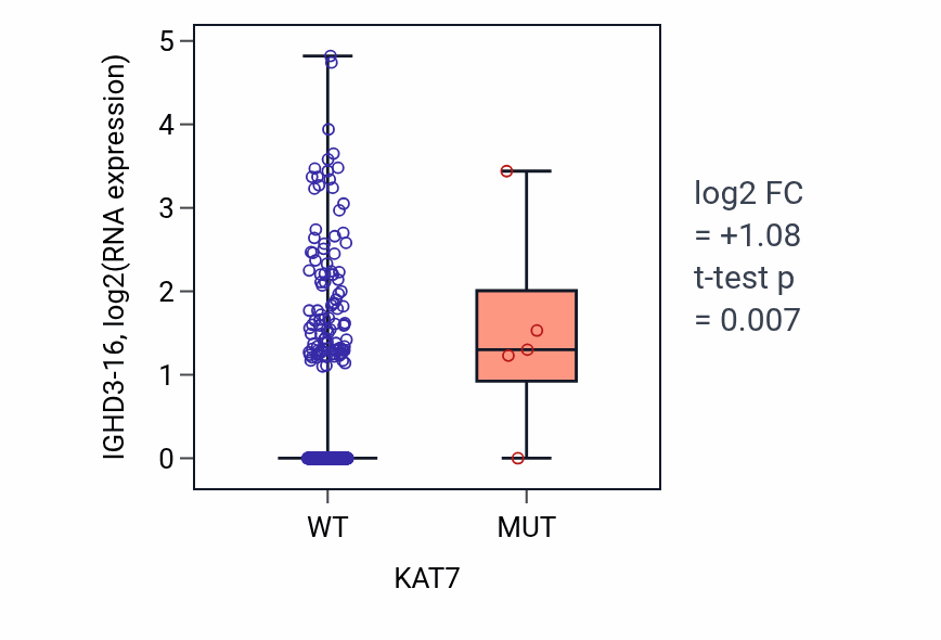 Box plot of IGHD3-16 in KAT7-low vs KAT7-high samples in HNSC.