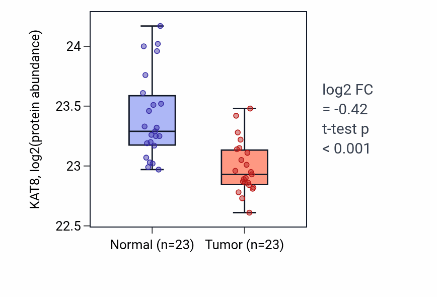 Tumor-vs-normal mass-spec protein box plot for KAT8 in PDAC.