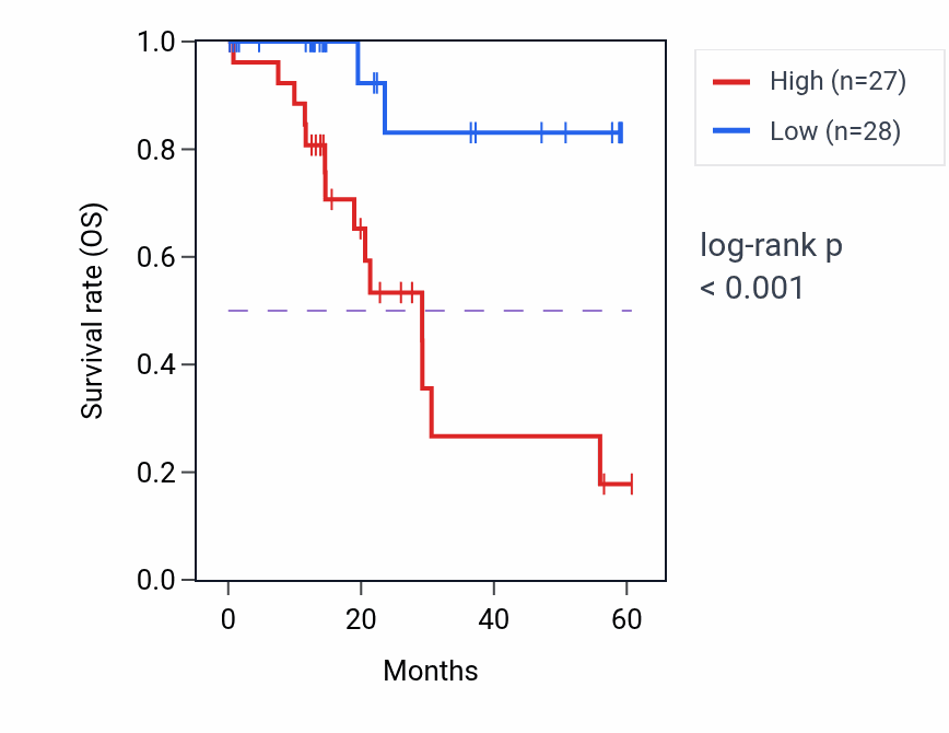 Kaplan&ndash;Meier survival curve for KBTBD2 mass-spec protein-high vs -low samples in LUAD.