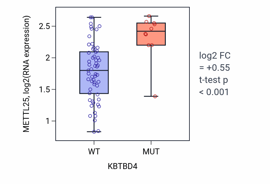 Box plot of METTL25 in KBTBD4-low vs KBTBD4-high samples in LARGE_INTESTINE.