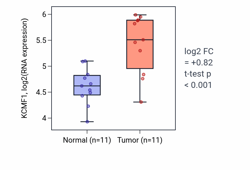 Tumor-vs-normal expression box plot for KCMF1 in HNSC.