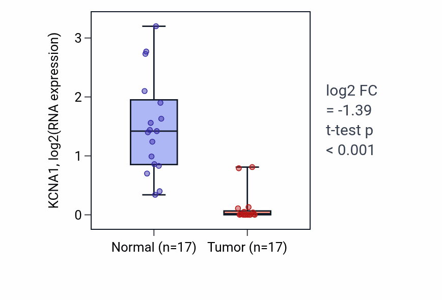 Tumor-vs-normal expression box plot for KCNA1 in THCA.