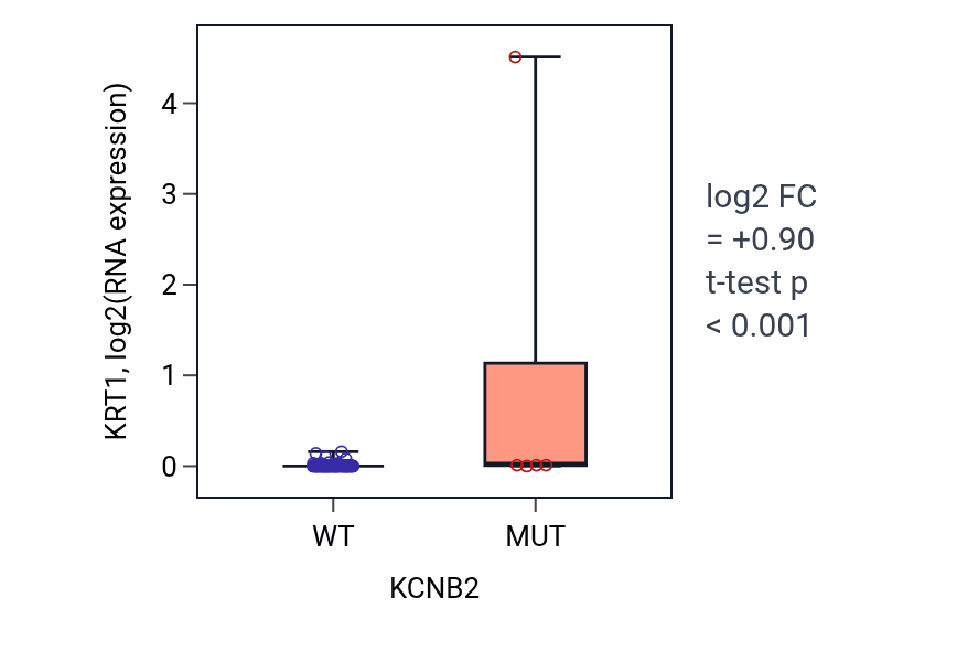 Box plot of KRT1 in KCNB2-low vs KCNB2-high samples in CNS.