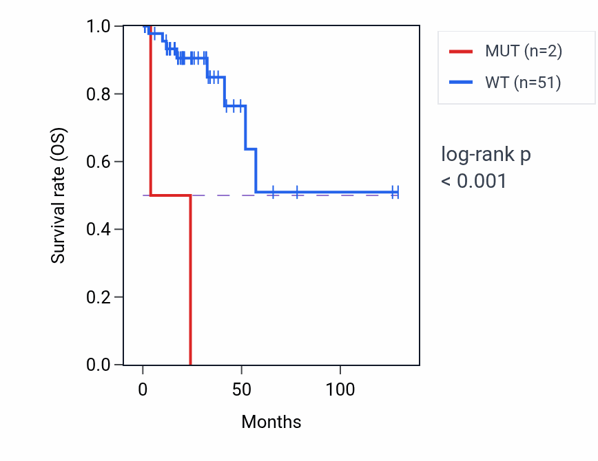 Kaplan&ndash;Meier survival curve for KCNB2 mutant vs wild-type samples in READ.