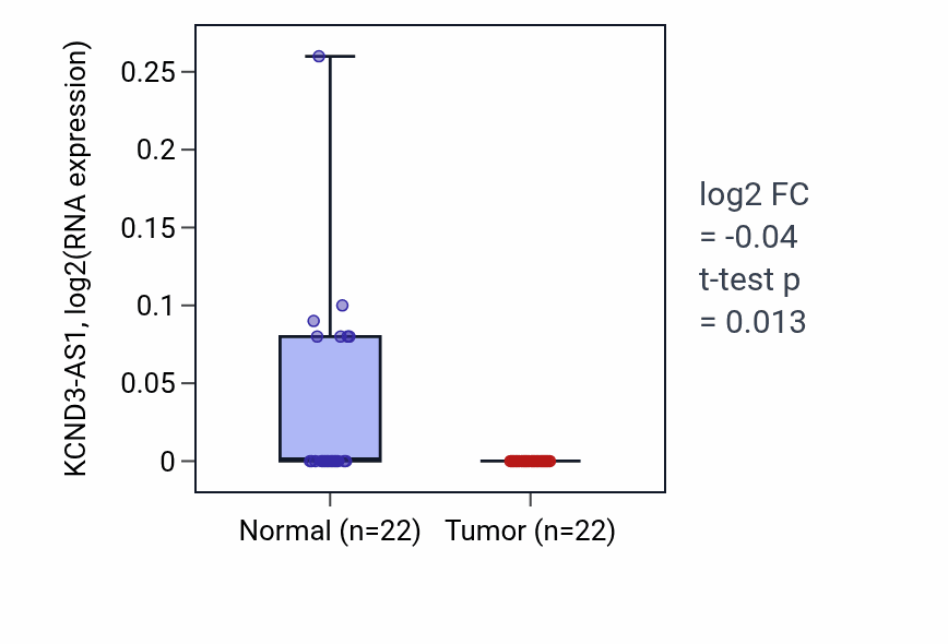 Tumor-vs-normal expression box plot for KCND3-AS1 in KICH.